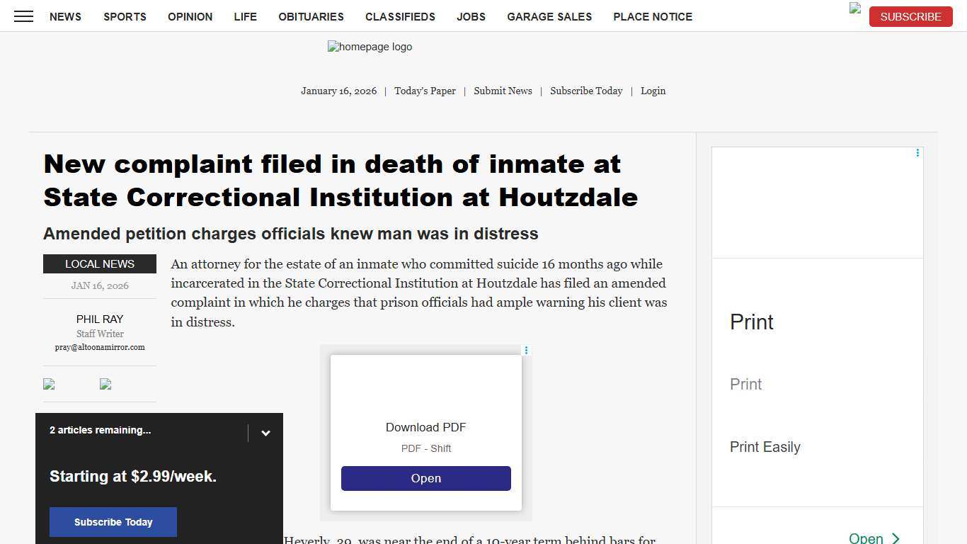 New complaint filed in death of inmate at State Correctional Institution at Houtzdale | News, Sports, Jobs - Altoona Mirror