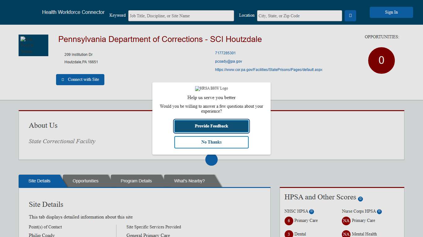 Health Workforce Connector - Site Profile Page